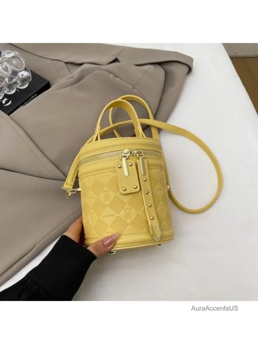 Mini Bucket Crossbody Bag Vegan Leather Quilted Cylinder Purse Handbag